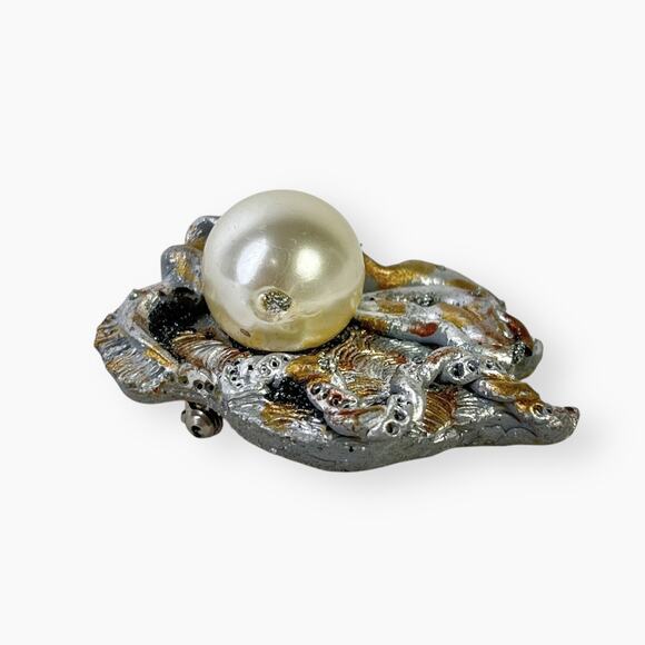 Artisan Brooch Abstract Polymer Clay Faux Pearl Silver And Gold Tone Vtg Signed - Picture 1 of 9